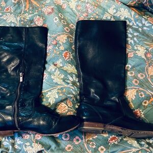 Frye Black Leather Jillian Pull-On Knee-High Boots